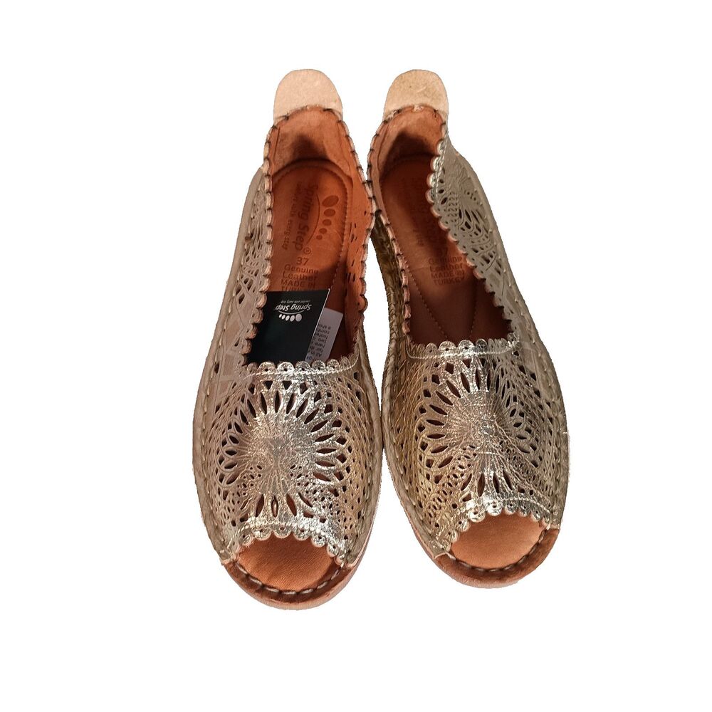 Spring Step Bormeda Shoes 37/6.5 - 7 Scalloped Slip On Peep Toe Leather Gold - Picture 3 of 11